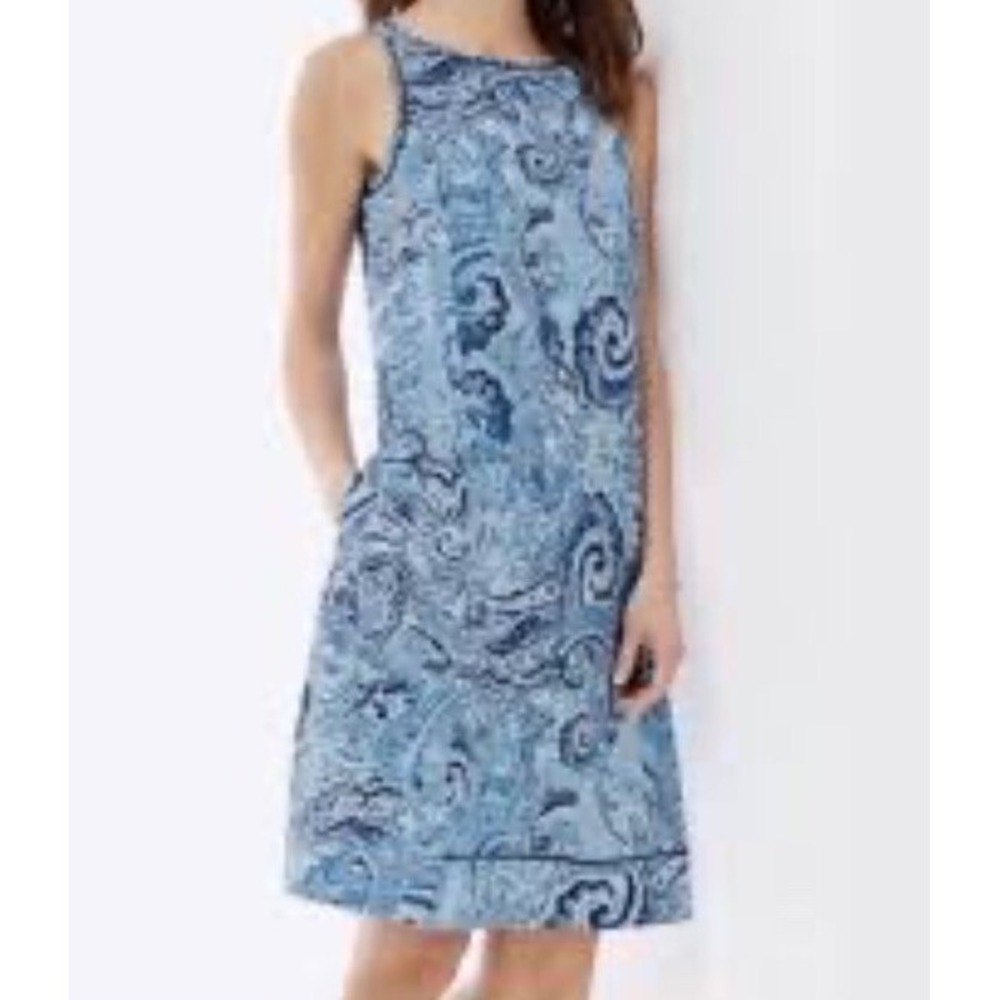 J Jill Love Linen Dress Womens Small Blue White Paisley Shift Sundress Pocket